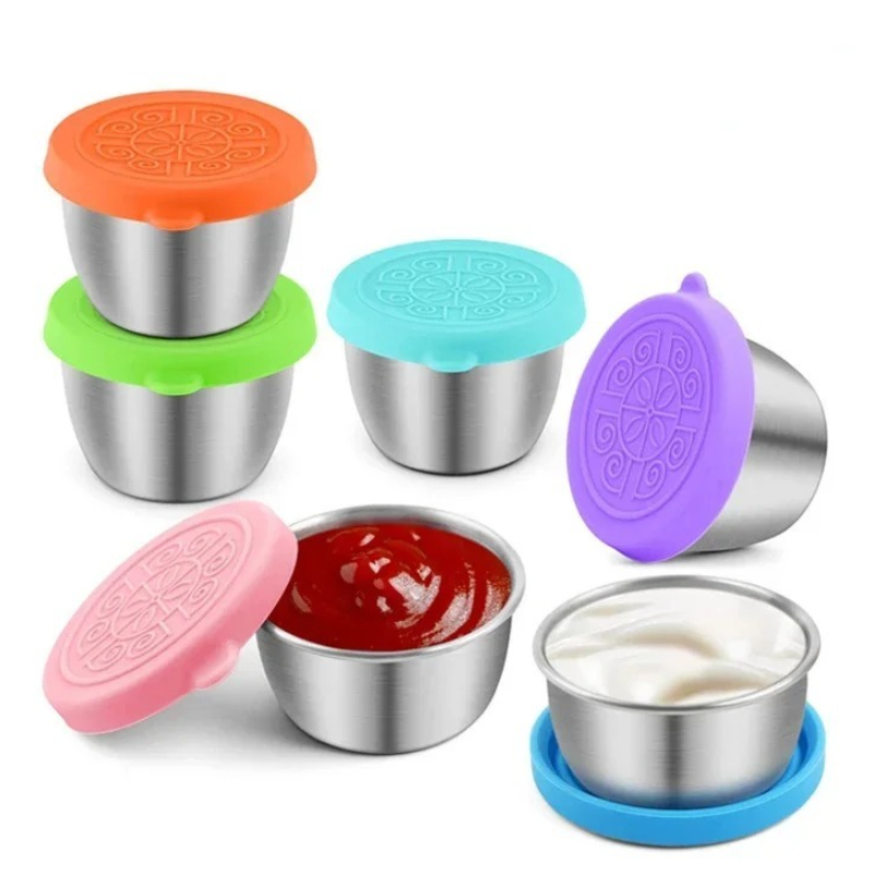 Sauce Dipping Cup - 6個/セット 304ステンレス鋼製ディップソースカップ 食品容器 再利用可能なサラダドレッシング容器 シリコンストレッチ蓋付き 液漏れ防止