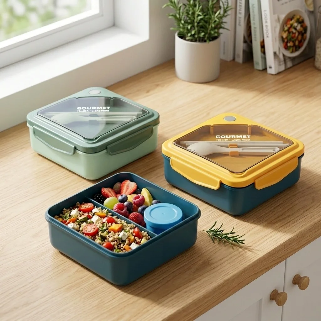 Meal Prep Or Prep Meal - 密閉式プラスチック製弁当箱、仕切り付き、電子レンジ対応、食事の準備や食品の保存に最適。カトラリーとソース入れ付き。大人も子供も、学校でも使える。