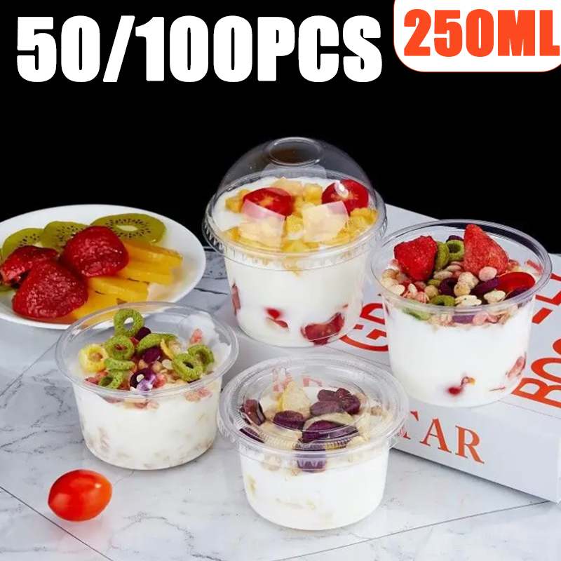 Sauce Dipping Cup - 50/100 個 250 ミリリットル使い捨てプラスチックプディングカップ蓋付きアイスクリーム二重皮膚ミルク使い捨てカップパーティーパッキングデザートカップ