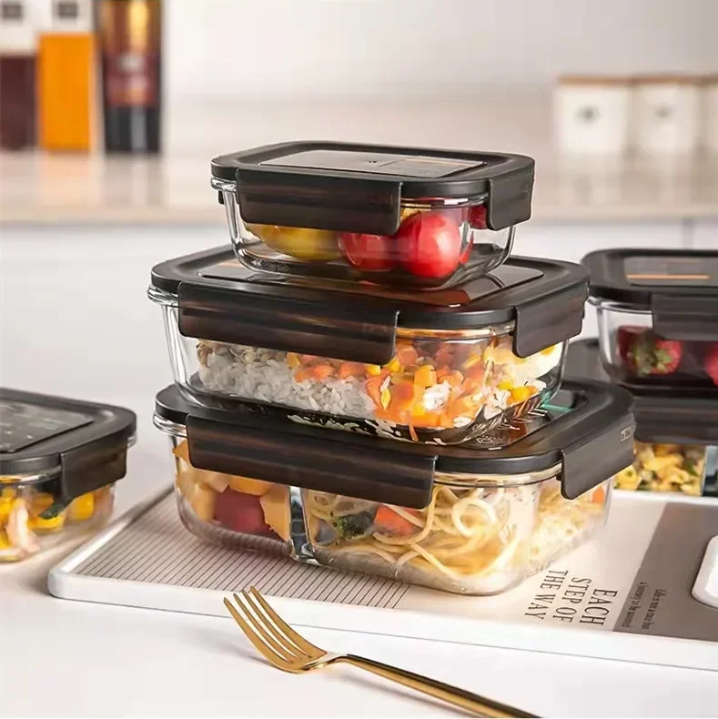 Meal Prep Bowl - 電子レンジ対応のガラス製弁当箱、仕切り付き、耐熱性、蓋付き、食品保存用、密閉式、仕事用、カスタマイズ可能。