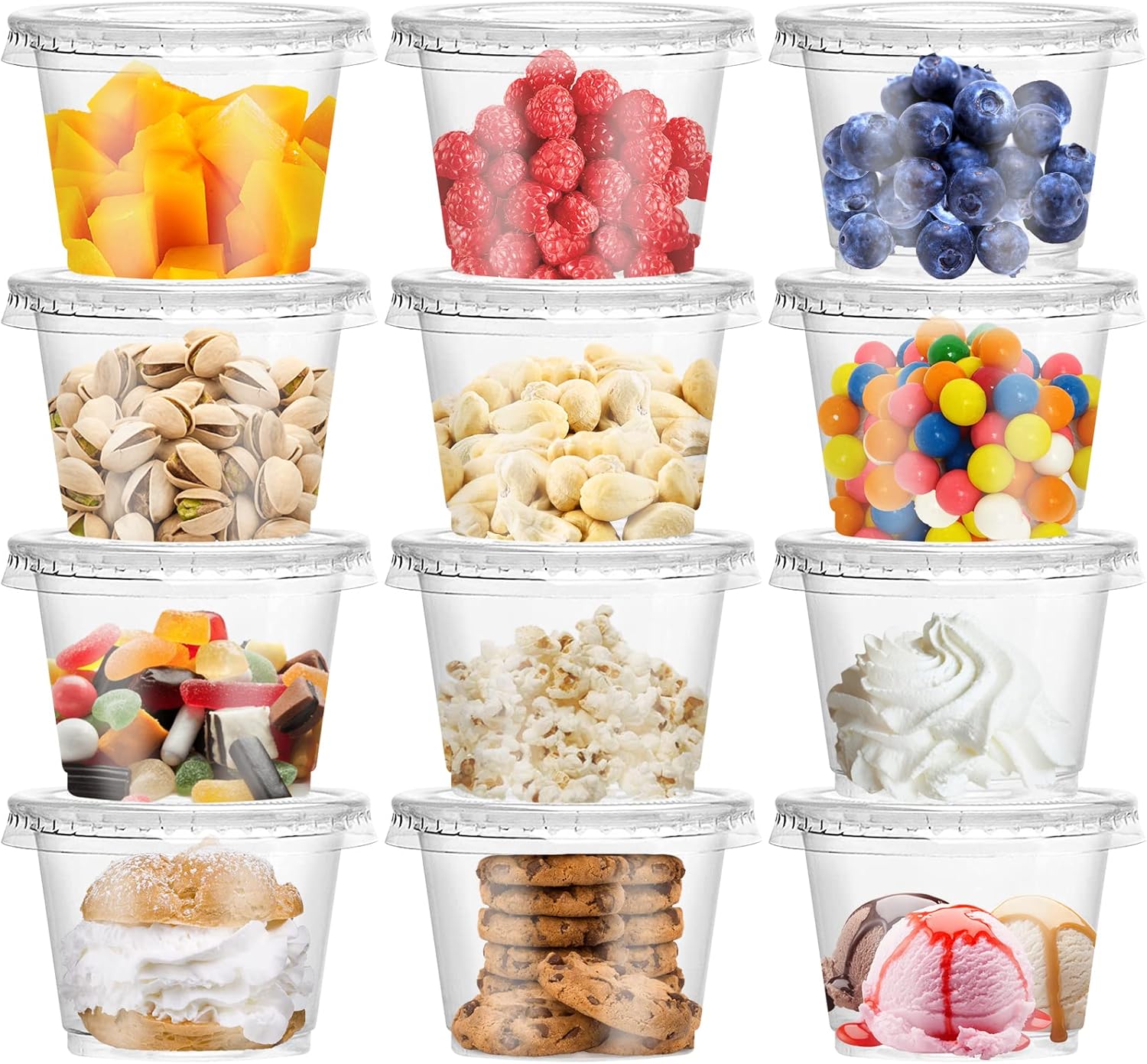 Sauce Dipping Cup - 8/10オンスのプラスチックパフェカップ、平らな蓋付き、使い捨てデザートカップ、蓋付き透明プラスチックフルーツカップ、蓋付きスナックカップ