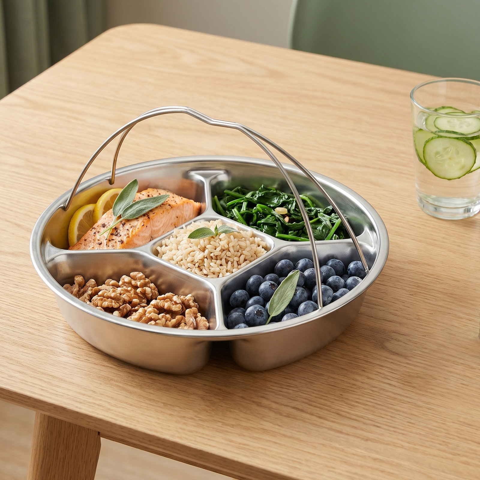 Meal Prep Kitchen - ステンレス製、仕切り付きの5区画の盛り付け皿。持ち手付きで、食事の準備やキッチンでの小物整理に便利。錆びにくい。